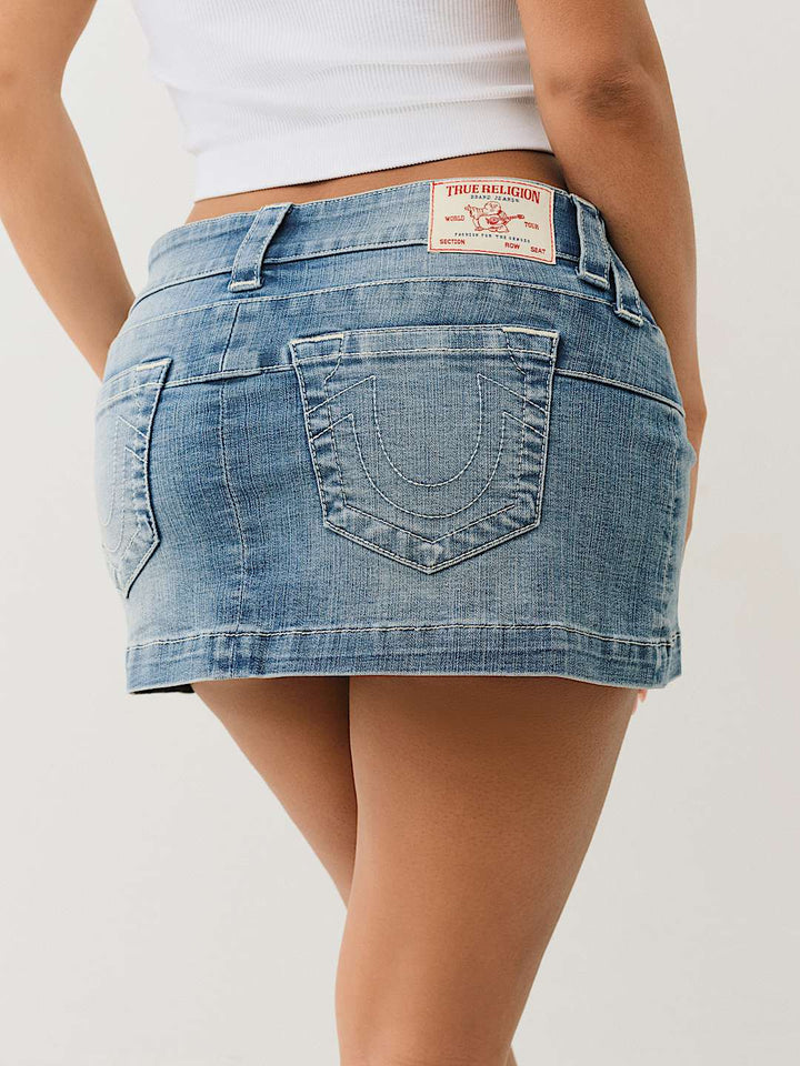 TRUE RELIGION NEW MARKDOWN LOW RISE DENIM WRAP MINI SKIRT
