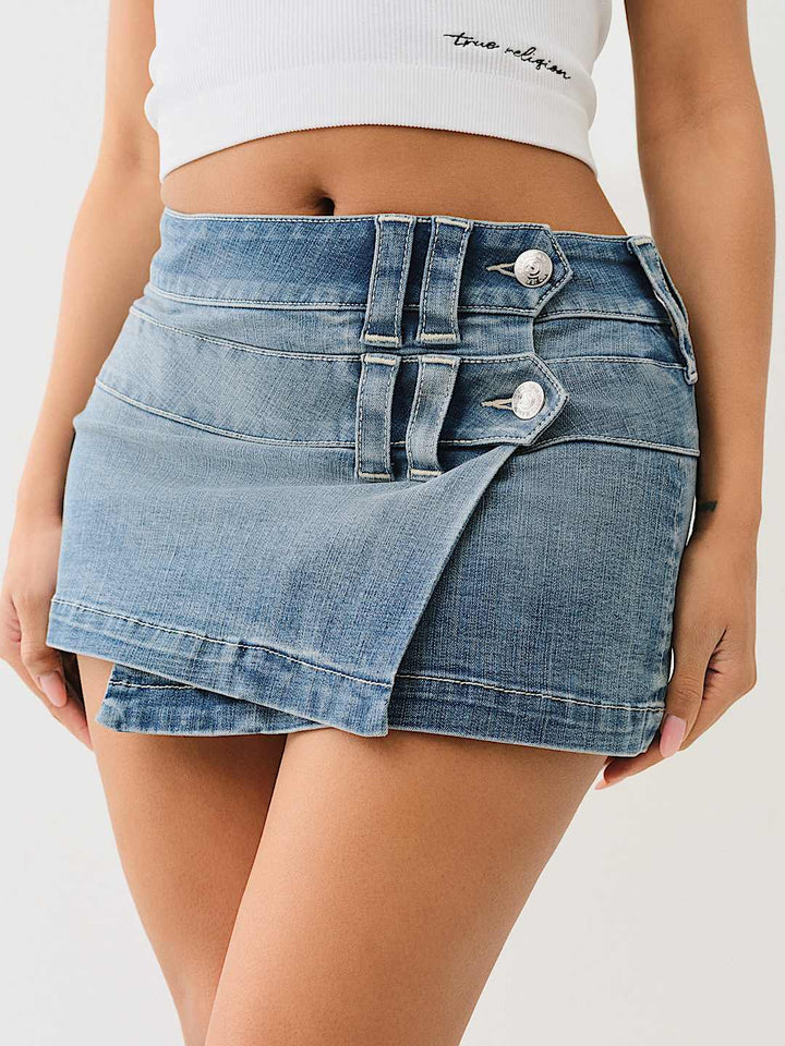 TRUE RELIGION NEW MARKDOWN LOW RISE DENIM WRAP MINI SKIRT