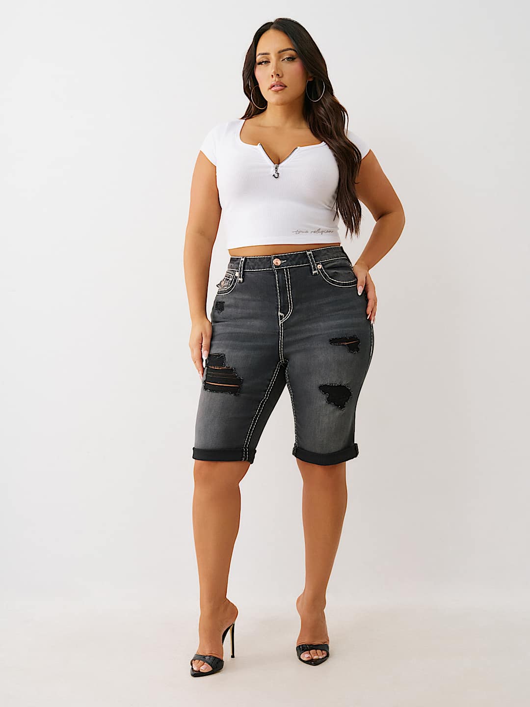 TRUE RELIGION PLUS RILEY MID RISE DISTRESSED SUPER T BERMUDA SHORT