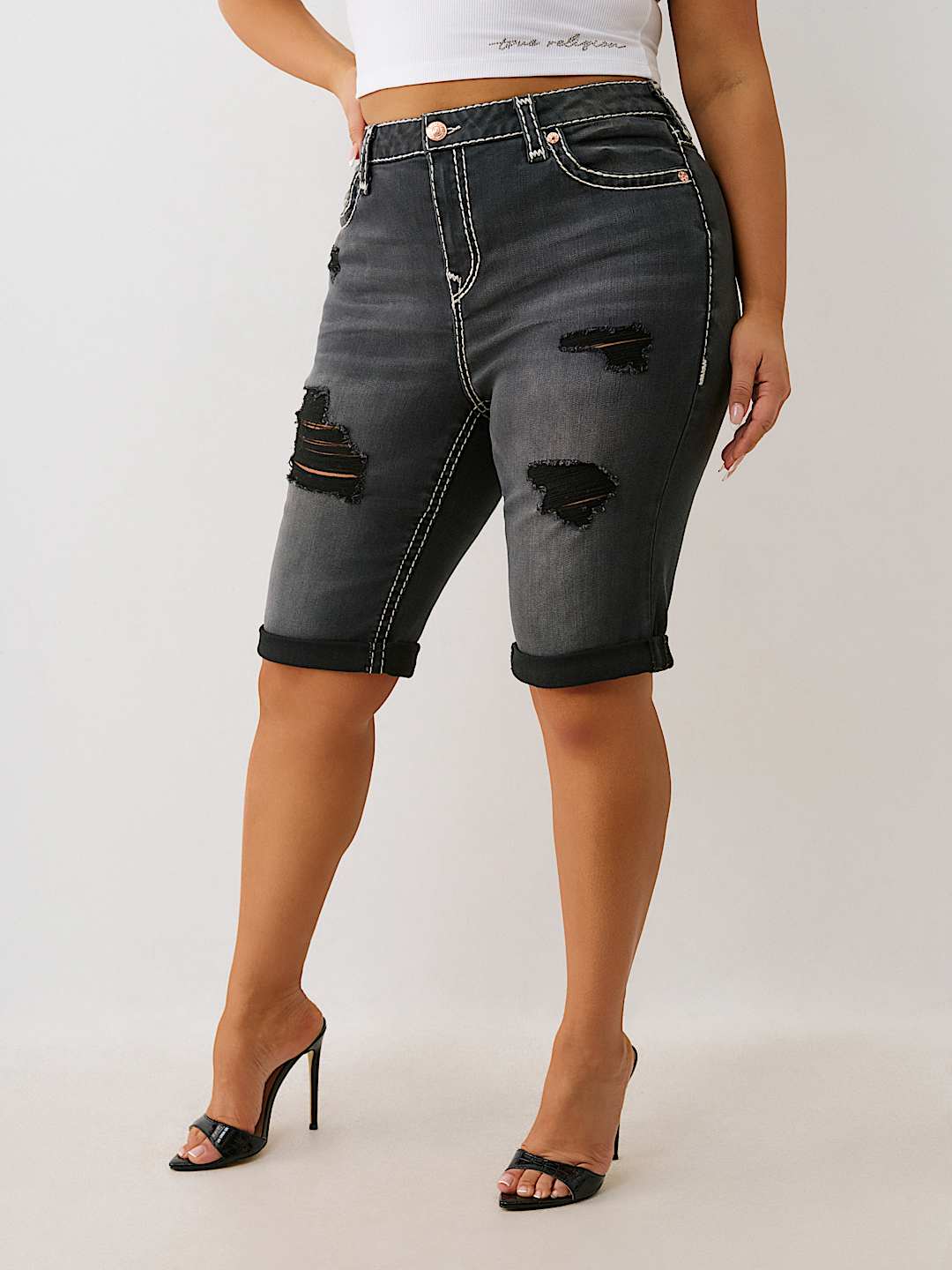 TRUE RELIGION PLUS RILEY MID RISE DISTRESSED SUPER T BERMUDA SHORT