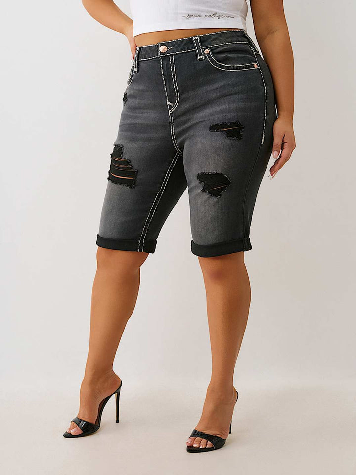 TRUE RELIGION PLUS RILEY MID RISE DISTRESSED SUPER T BERMUDA SHORT