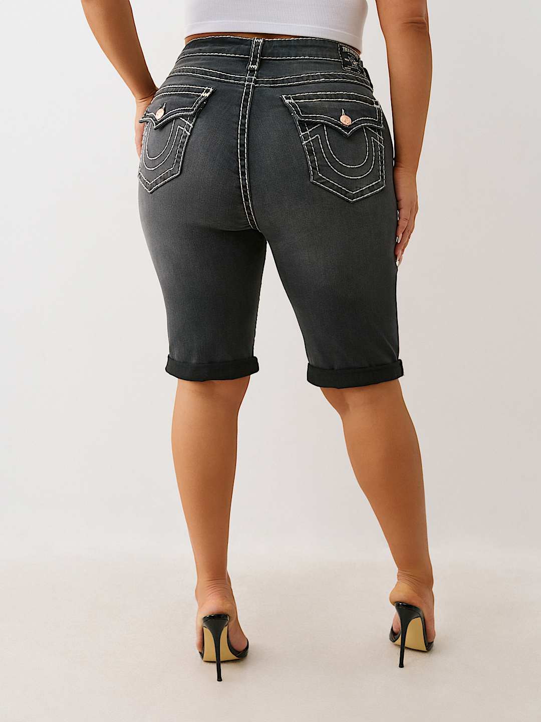 TRUE RELIGION PLUS RILEY MID RISE DISTRESSED SUPER T BERMUDA SHORT