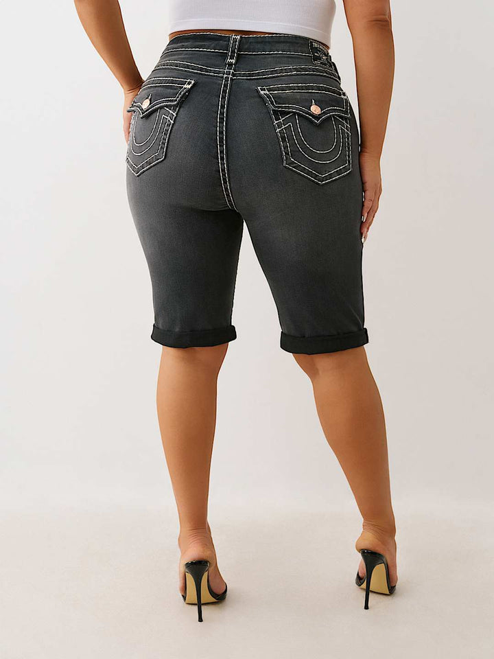 TRUE RELIGION PLUS RILEY MID RISE DISTRESSED SUPER T BERMUDA SHORT