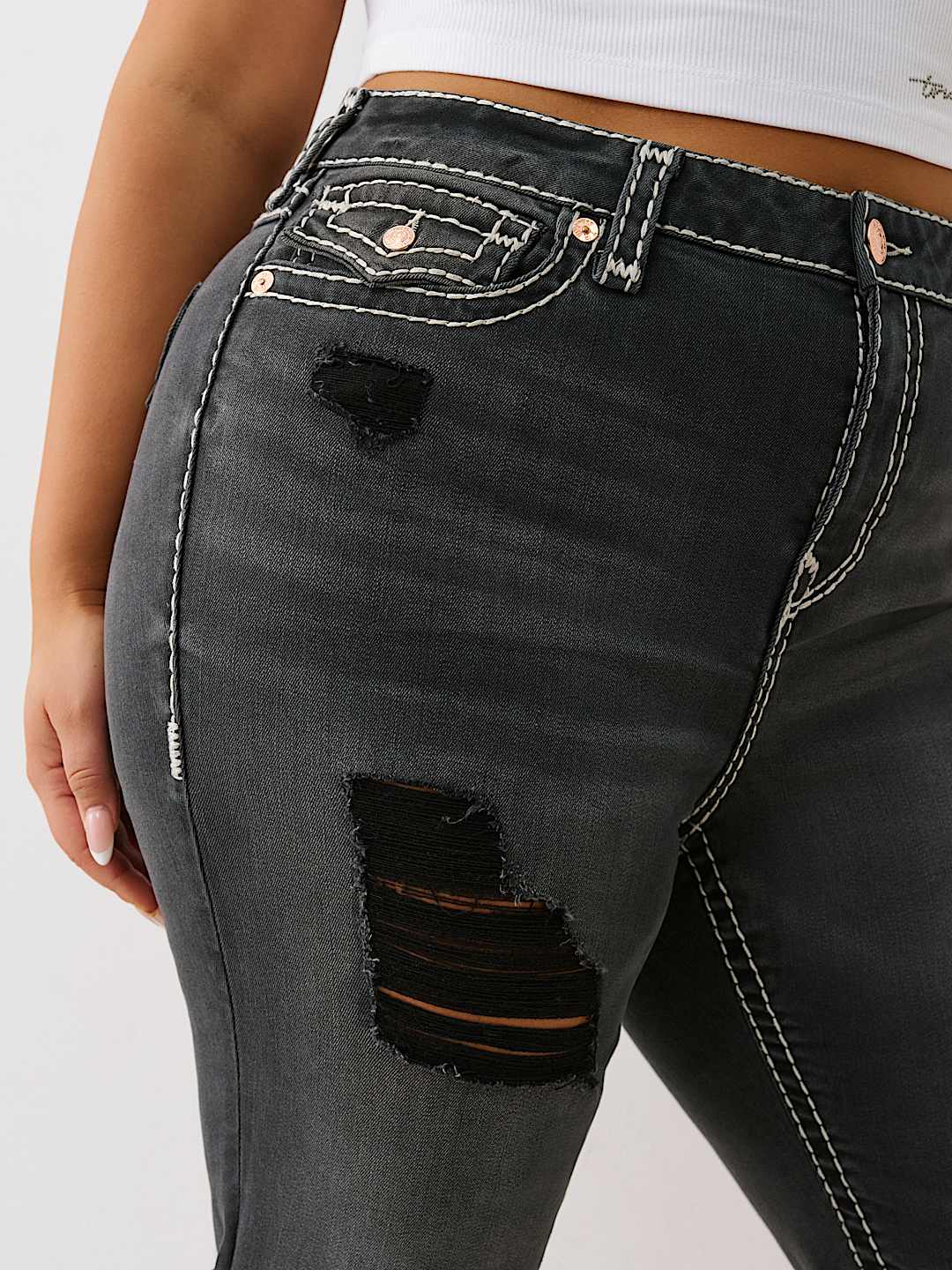 TRUE RELIGION PLUS RILEY MID RISE DISTRESSED SUPER T BERMUDA SHORT