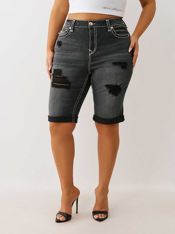 TRUE RELIGION PLUS RILEY MID RISE DISTRESSED SUPER T BERMUDA SHORT