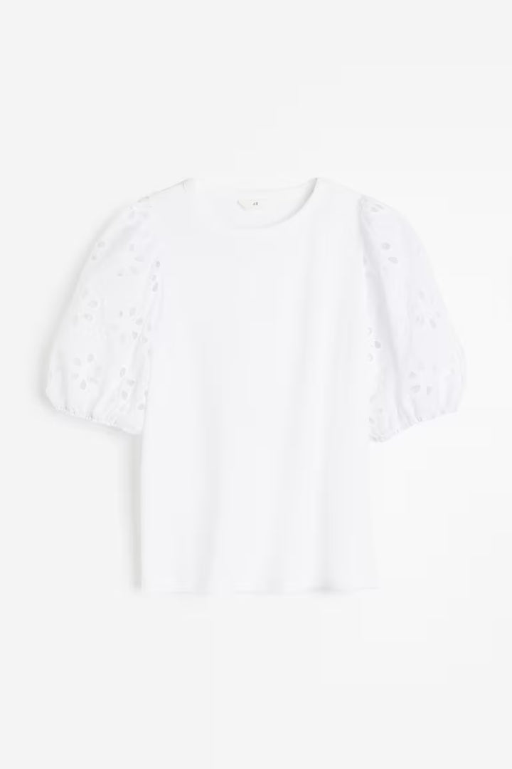 H&M TOP WITH EYELET EMBROIDERED SLEEVES