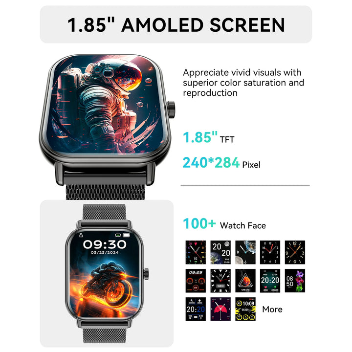 Mingdaln Smart Watch fits for Android and Iphone, IP68 Waterproof, Suitable for Women Men 100 Sports Modes 1.85 inch Fitness Tracker, with Answer/Make Calls/Message Reminder, （Milano Steel Band）