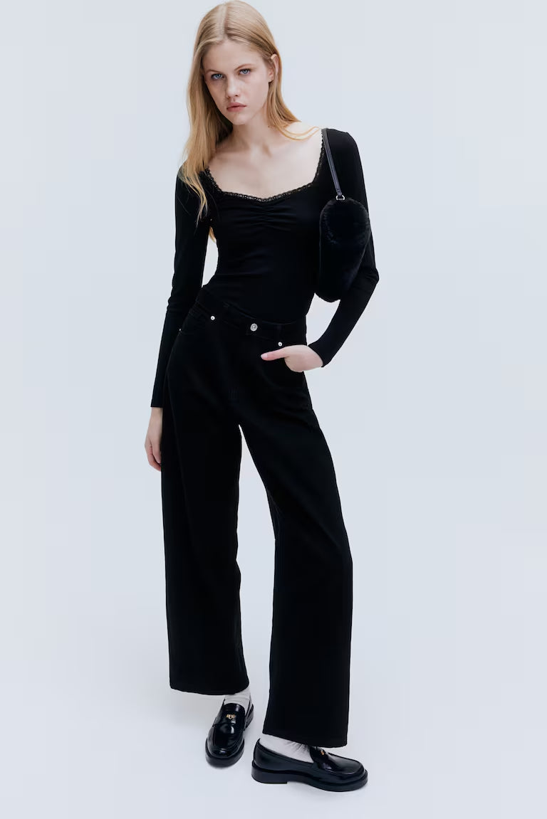 H&M LACE-TRIMMED RIBBED TOP