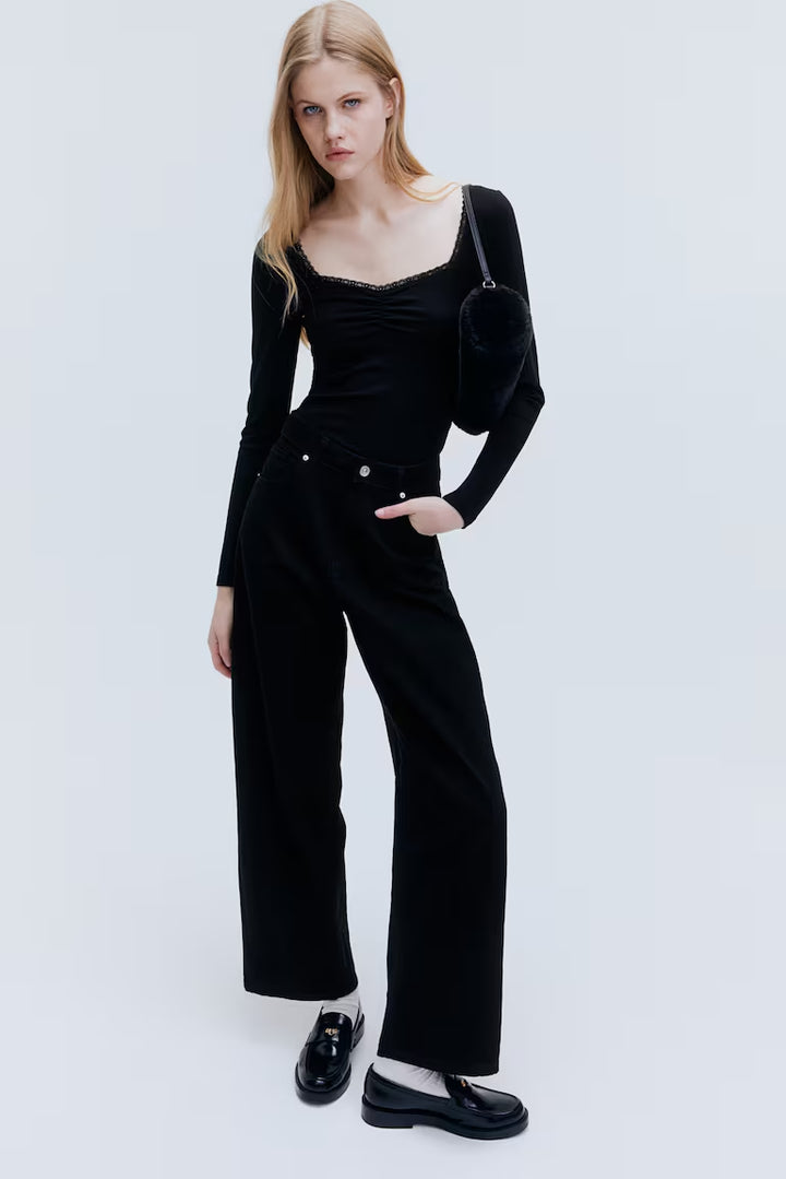 H&M LACE-TRIMMED RIBBED TOP