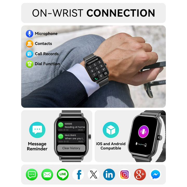 Mingdaln Smart Watch fits for Android and Iphone, IP68 Waterproof, Suitable for Women Men 100 Sports Modes 1.85 inch Fitness Tracker, with Answer/Make Calls/Message Reminder, （Milano Steel Band）