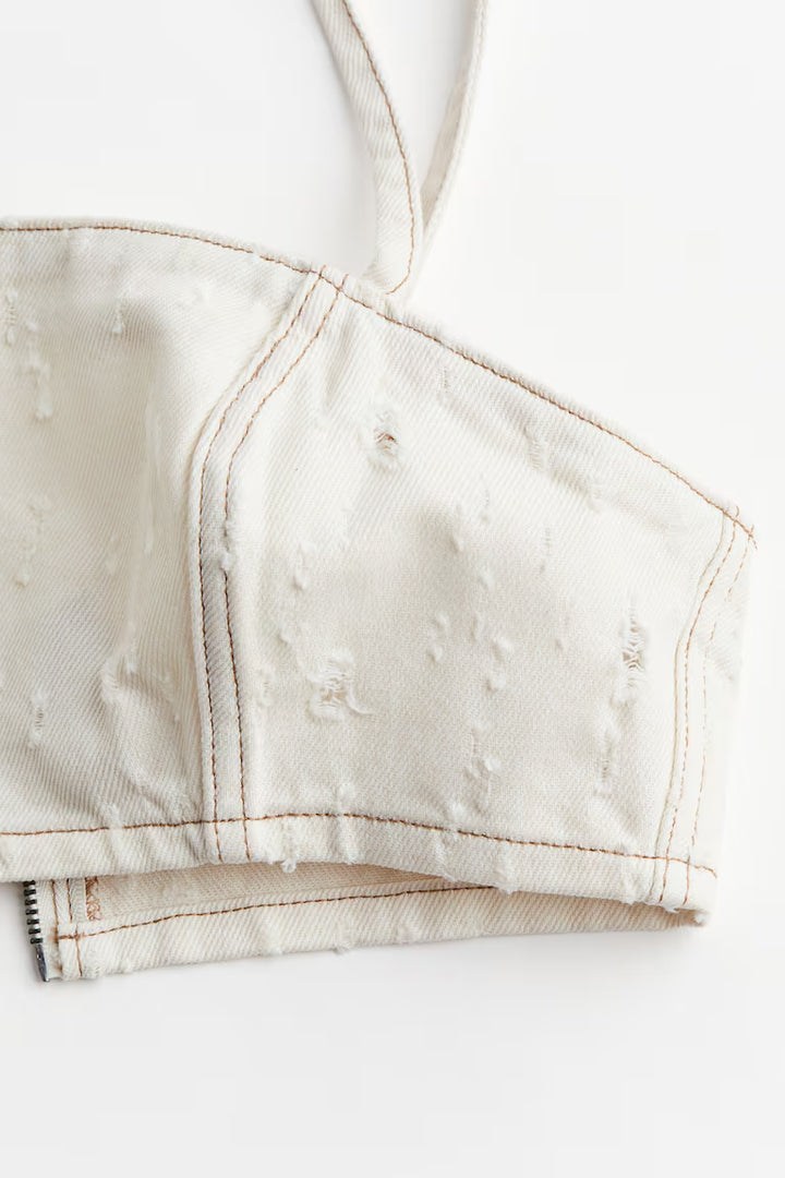 H&M DISTRESSED-LOOK TWILL CROP TOP