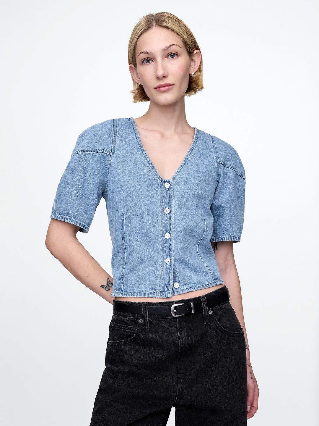 Gap Cropped Puff-Sleeve Denim Shirt