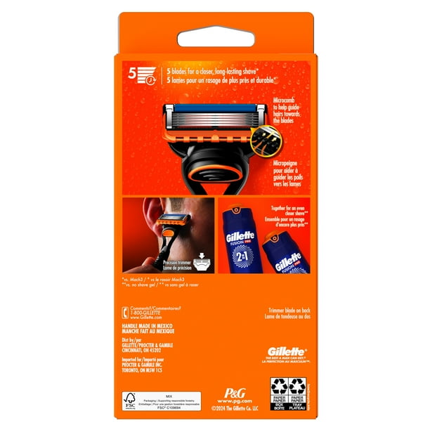 Gillette Fusion5 Shaving Razor for Men, 1 Razor Handle, 2 Razor Blade Refills, with Lubrication Strip and Precision Trimmer for Men, 1CT