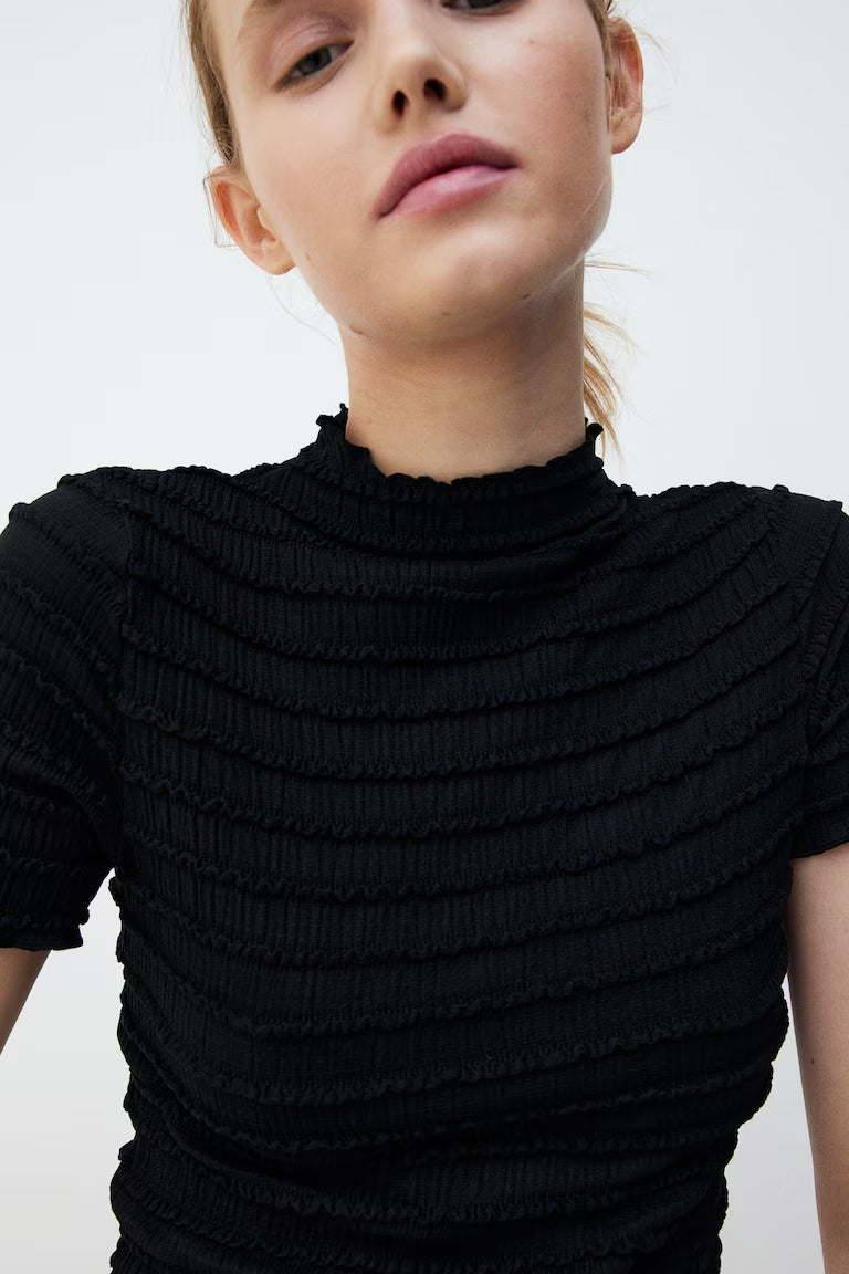 H&M SMOCKED TOP WITH OVERLOCKED TRIM