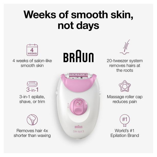 Braun Silk-épil 3 3-270, Epilator for Women for Long-Lasting Hair Removal, White/Pink, 1CT