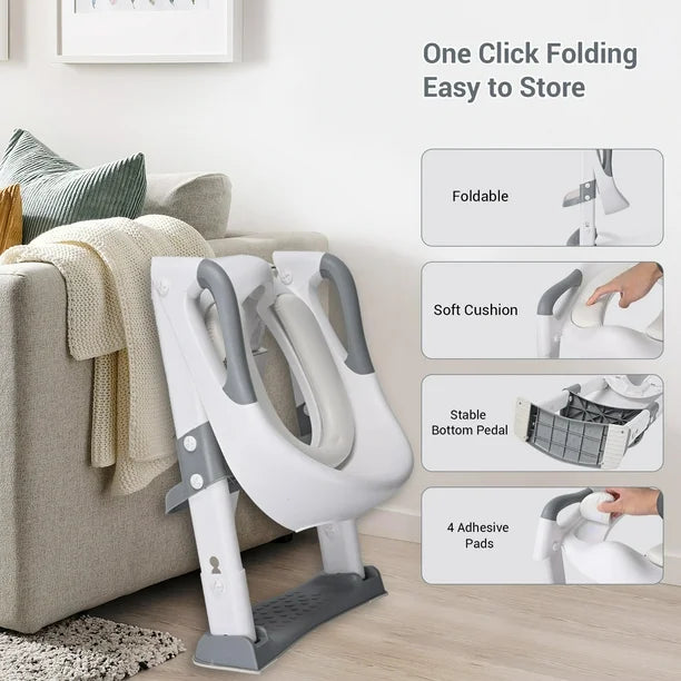 LIVINGbasics Foldable Potty Training Toilet Seat with Anti-Slip Step Stool Ladder and Soft Padded Cushion, Toddler Baby Toilet Potty Chair with 5 Adjustable Height