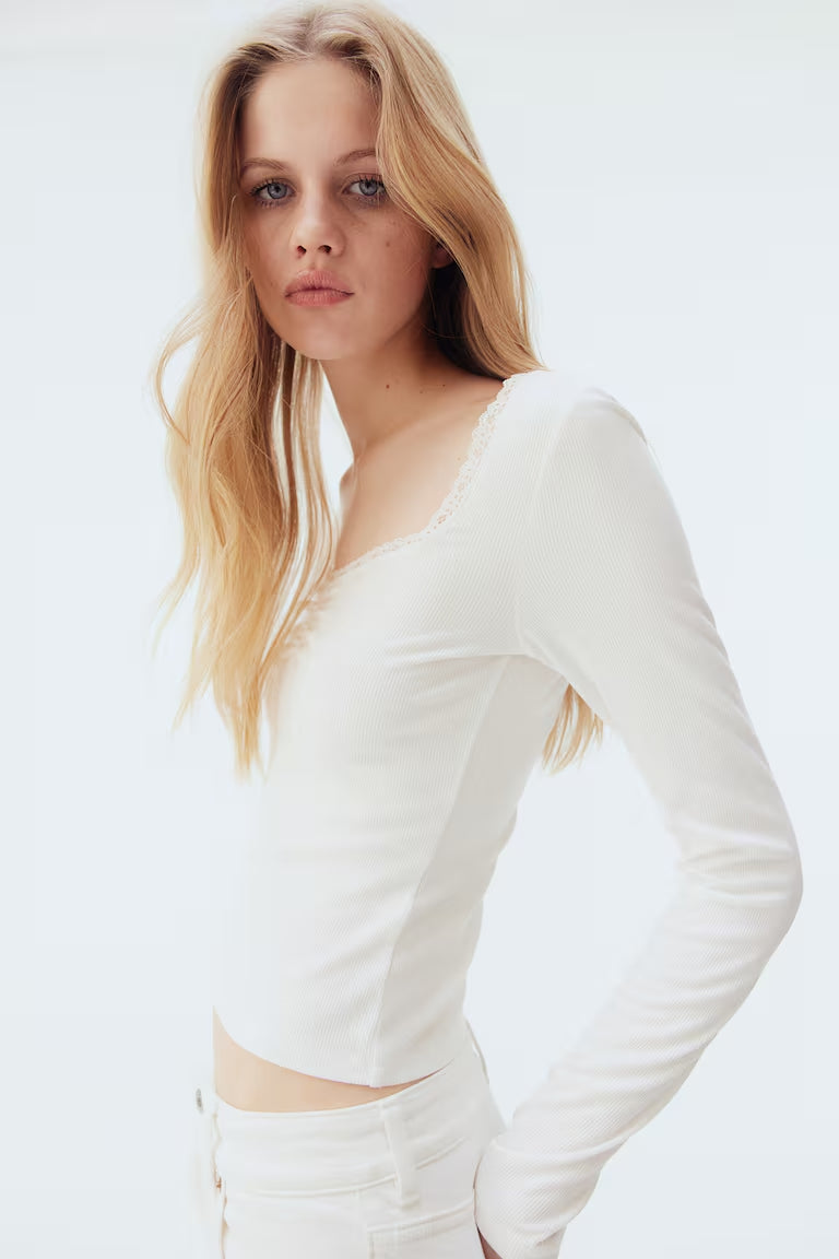 H&M LACE-TRIMMED RIBBED TOP