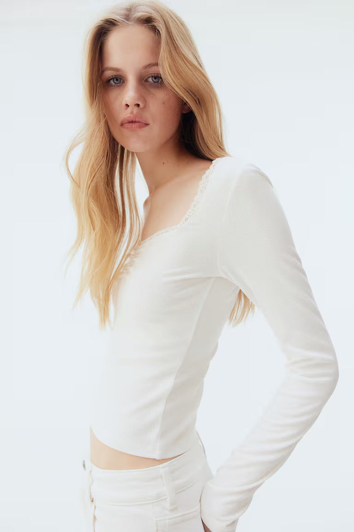 H&M LACE-TRIMMED RIBBED TOP