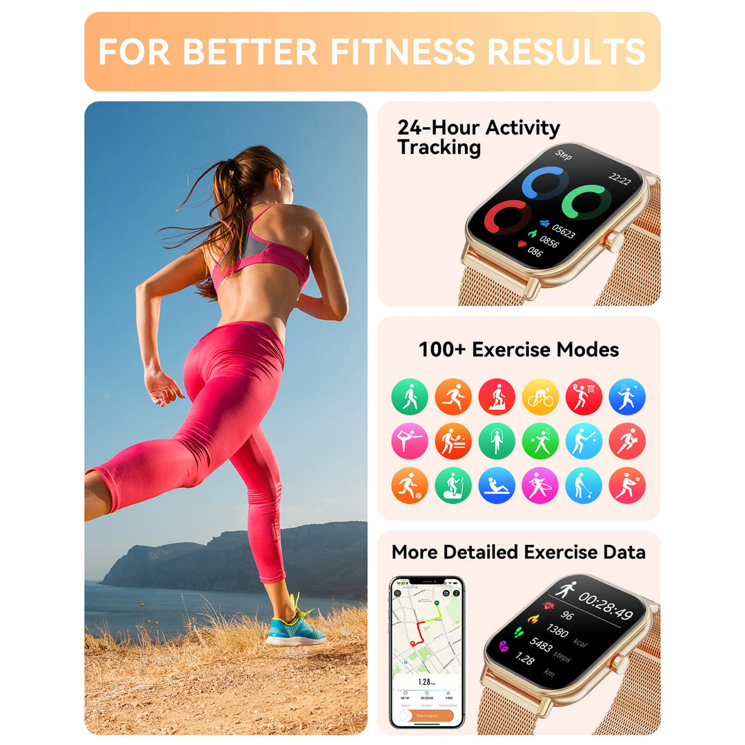Mingdaln Smart Watch fits for Android and Iphone, IP68 Waterproof, Suitable for Women Men 100 Sports Modes 1.85 inch Fitness Tracker, with Answer/Make Calls/Message Reminder, （Milano Steel Band）