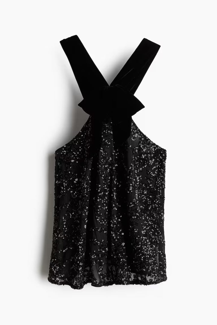 H&M SEQUINED BOW-FRONT TOP