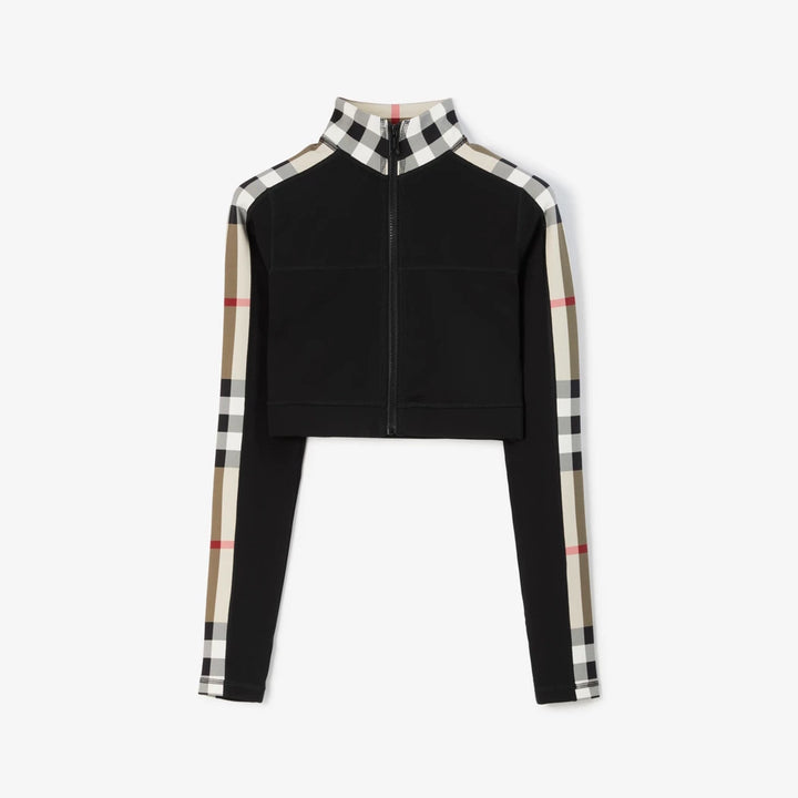 Burberry Cropped Check Trim Stretch Jersey Zip Top