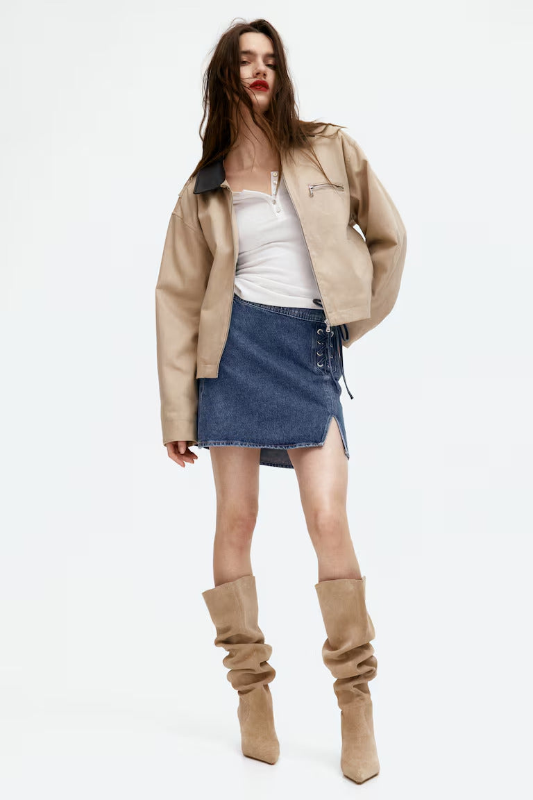 H&M LACING-DETAIL DENIM MINI SKIRT
