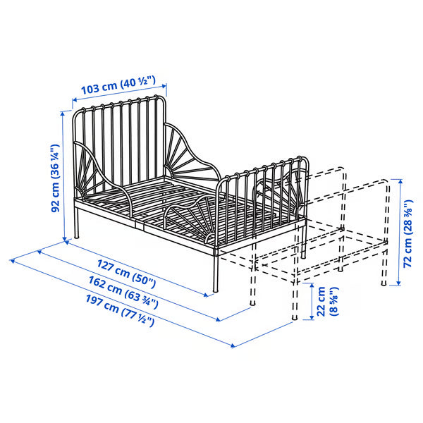IKEA MINNEN Ext bed frame with slatted bed base, white, 38 1/4x74 3/4 "