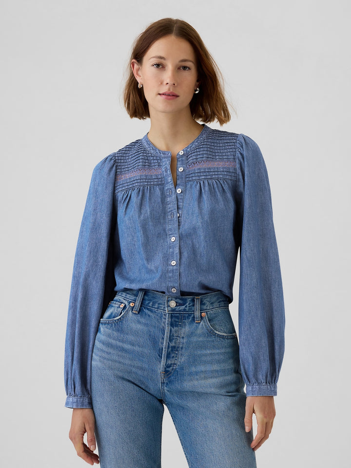 Gap Puff-Sleeve Lace-Trim Denim Shirt