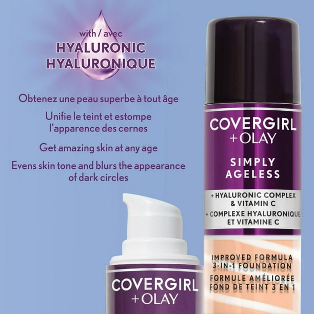 COVERGIRL Simply Ageless 3-in-1 Liquid Foundation Infused with Hyaluronic Complex, Vitamin C and Niacinamide - Hydrating Formula, 100% Cruelty-Free, 3-in-1 Liquid Foundation