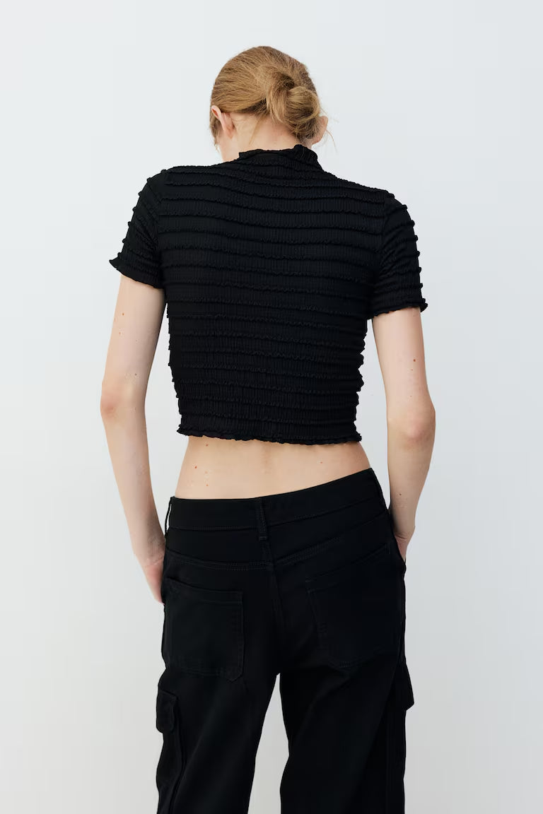 H&M SMOCKED TOP WITH OVERLOCKED TRIM