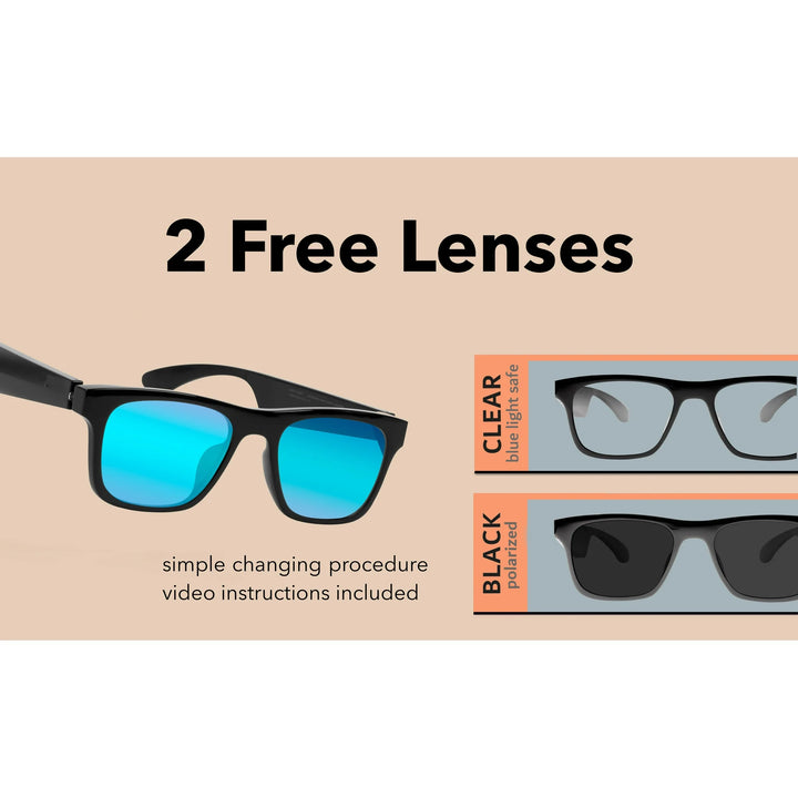 KCT Smart Glasses, Bluetooth Sunglasses with Polarized lenses, Bluetooth Audio & Hands Free Calling, Open Air Audio, Auto On/Off, Pink with Black Lenses, 3 styles Switchable Lenses