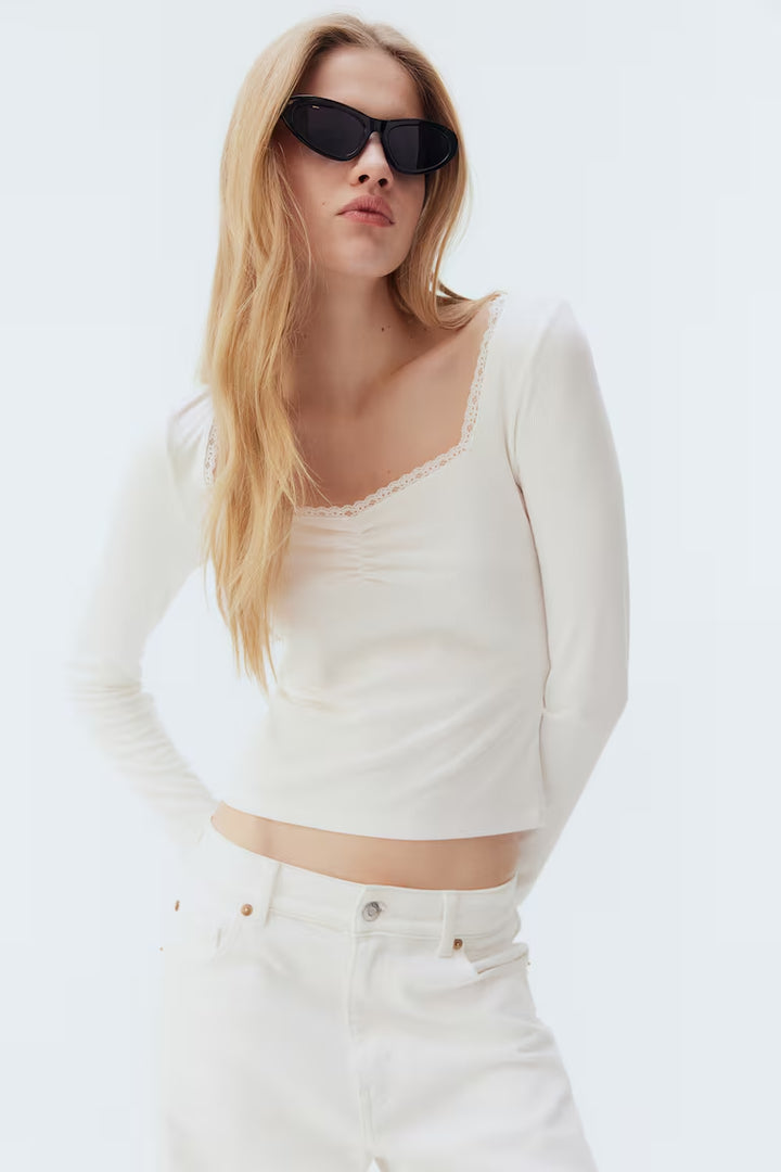 H&M LACE-TRIMMED RIBBED TOP