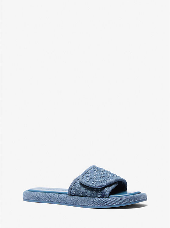 Michael Kors Suki Logo Embossed Denim Slide Sandal