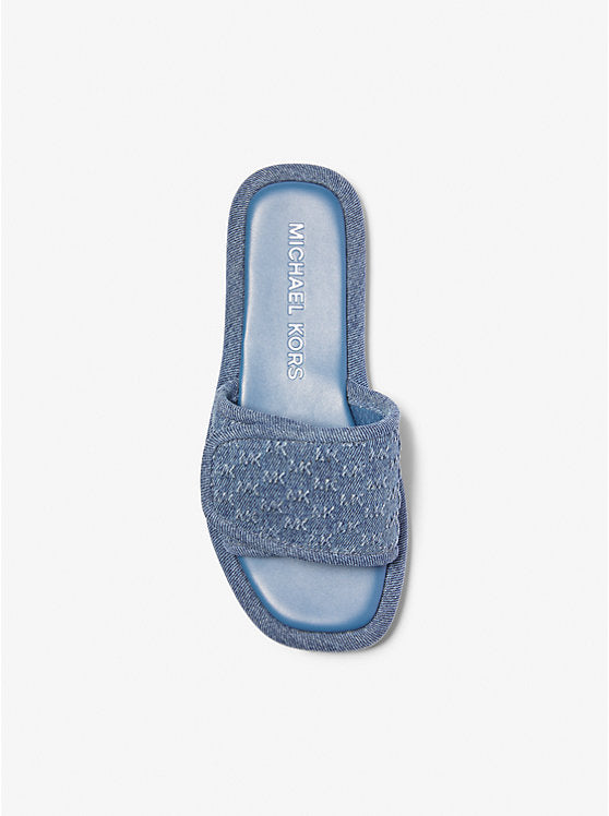 Michael Kors Suki Logo Embossed Denim Slide Sandal