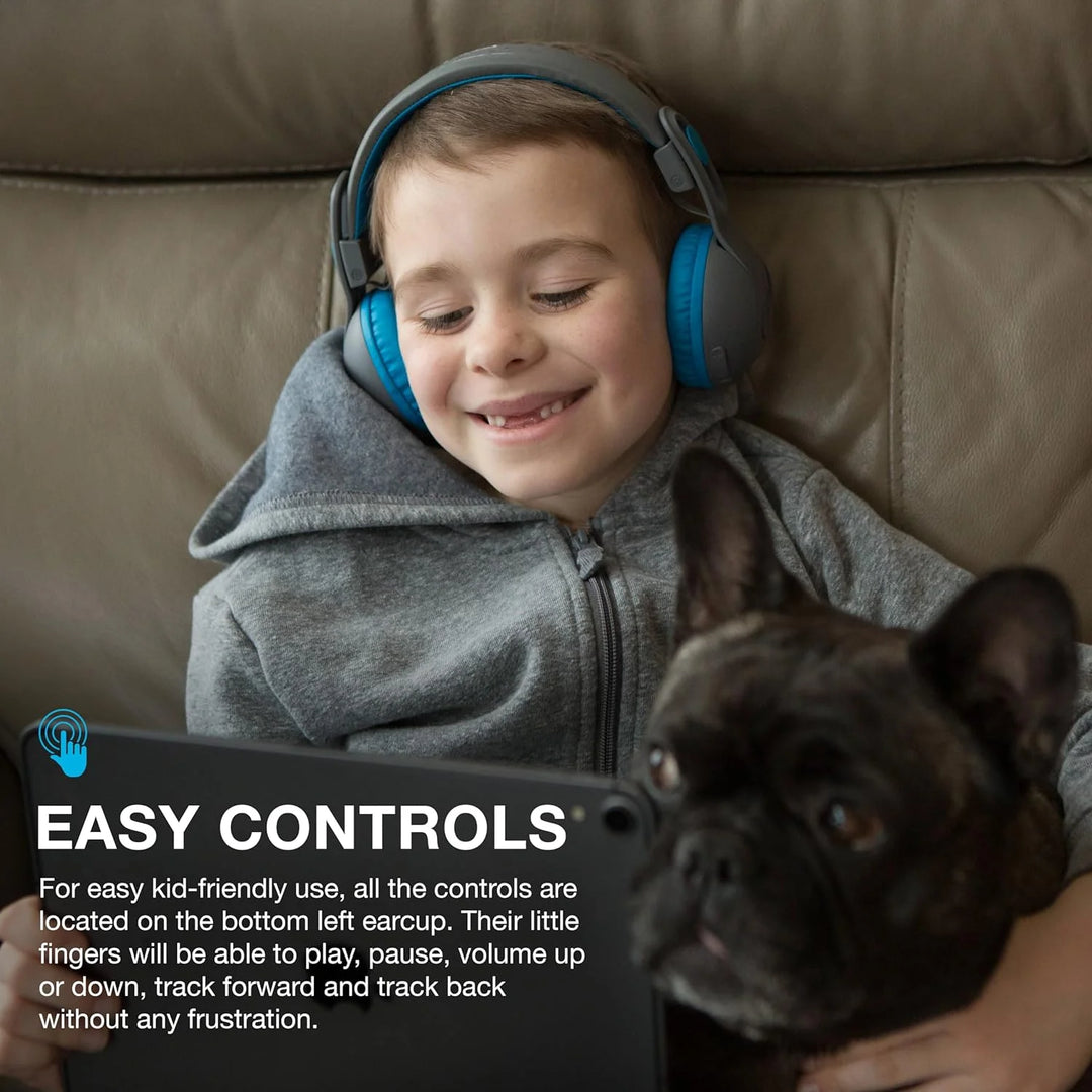 JLab JBuddies Studio 2 On-Ear Kids Wireless Headphones, Blue/Graphite, Volume Safe, Folding, Adjustable, Noise Isolation, Mic