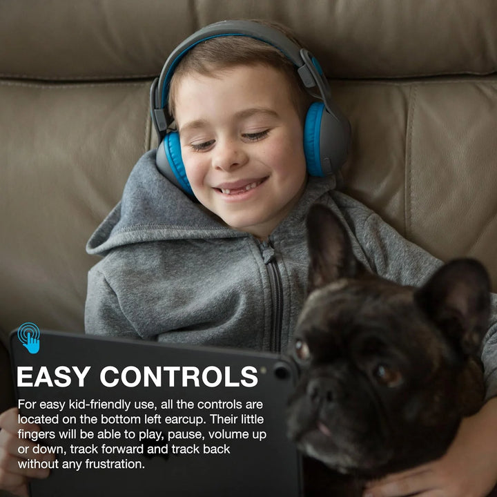 JLab JBuddies Studio 2 On-Ear Kids Wireless Headphones, Blue/Graphite, Volume Safe, Folding, Adjustable, Noise Isolation, Mic