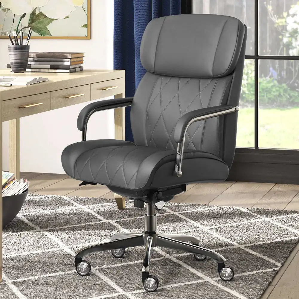 Lazboy Sutherland Quilted Leather Office Chair, Moon Rock Grey