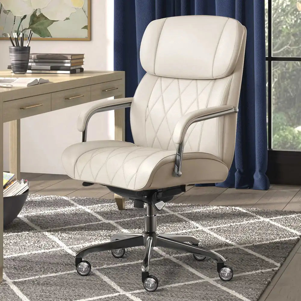 Lazboy Sutherland Quilted Leather Office Chair, Light Ivory