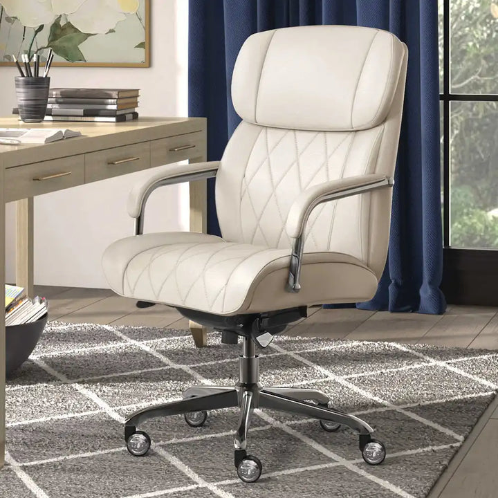 Lazboy Sutherland Quilted Leather Office Chair, Light Ivory