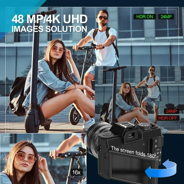 HHdemon 48MP 4K Digital Camera with 180° Flip Screen, WiFi & App Control