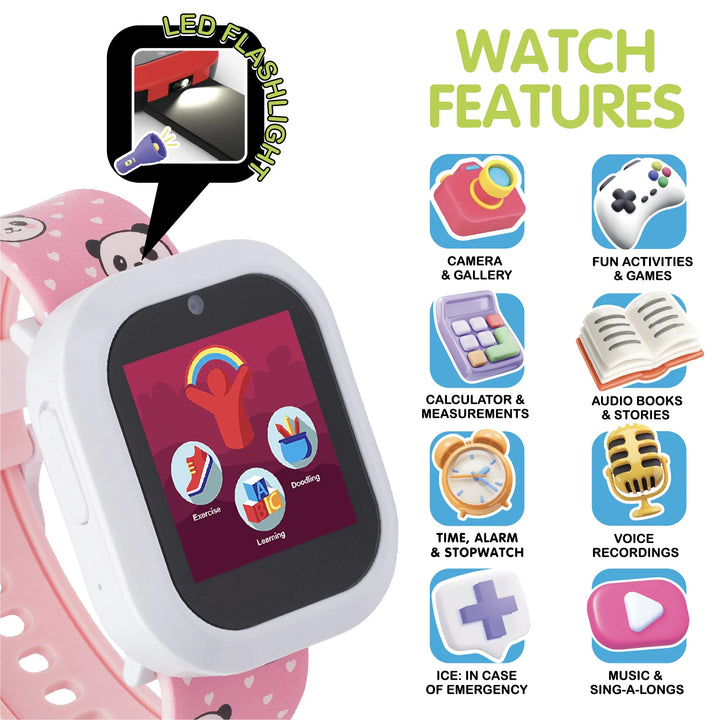 iTech Junior iTech Jr Kids Girls Fuzzy Black White Panda Smartwatch with On Ear Bluetooth Headphones