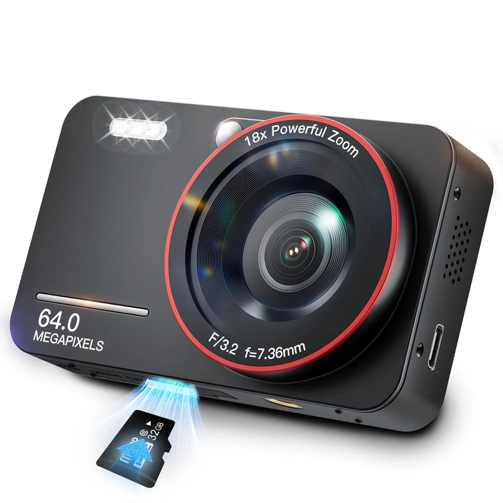 Losei 64MP 4K Digital Camera, 2.8" Screen 18X Digital Zoom Anti Shake Compact Retro Camera, Vlogging Camera for Kids Teens Seniors with 32GB Card（Black）