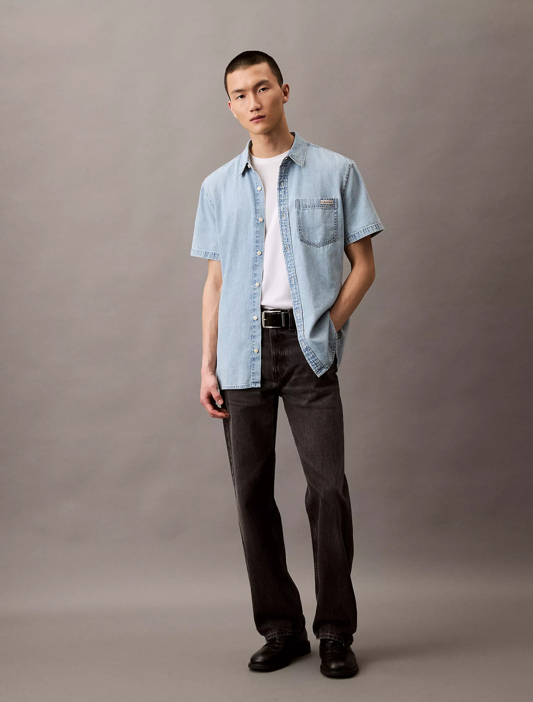 Calvin Klein Denim Short Sleeve Classic Button-Down Shirt