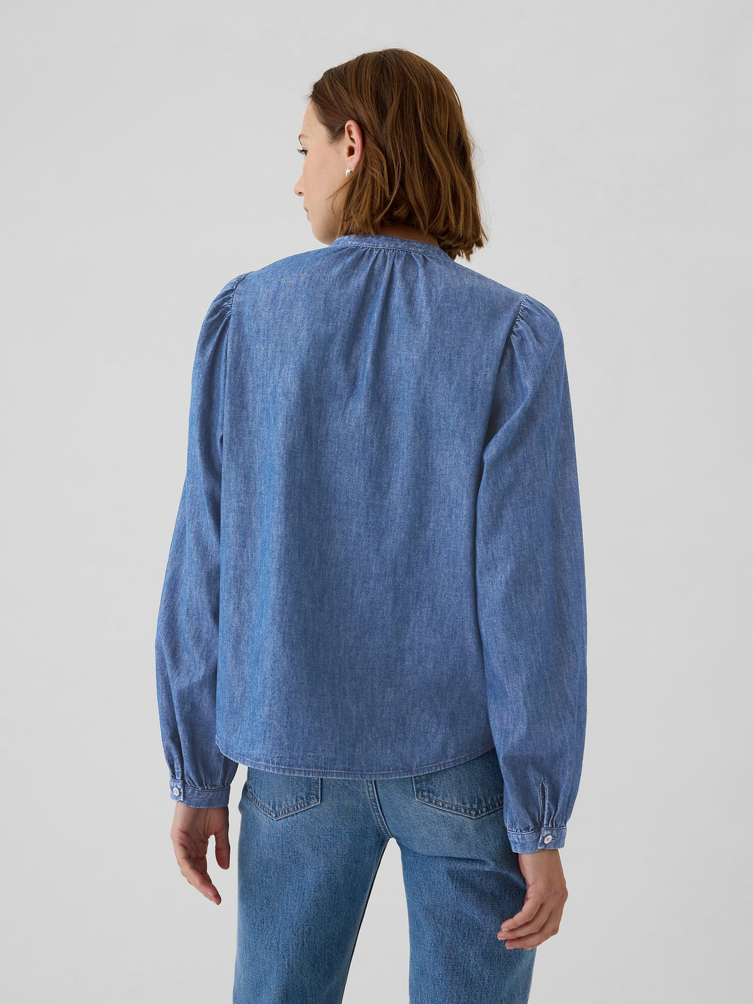 Gap Puff-Sleeve Lace-Trim Denim Shirt