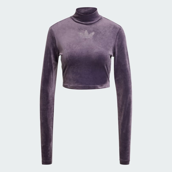 Adidas Long Sleeve Rhinestone Trefoil Velvet Crop Top