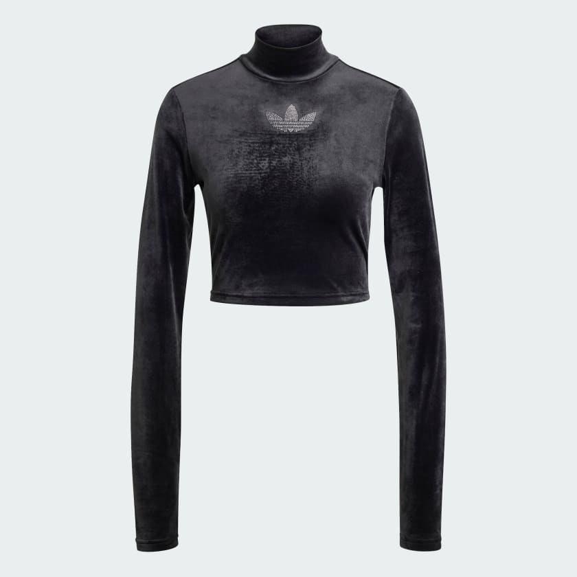 Adidas Long Sleeve Rhinestone Trefoil Velvet Crop Top