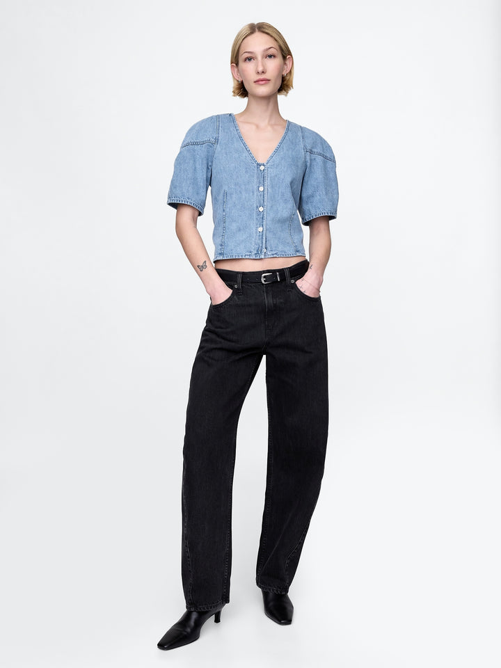 Gap Cropped Puff-Sleeve Denim Shirt