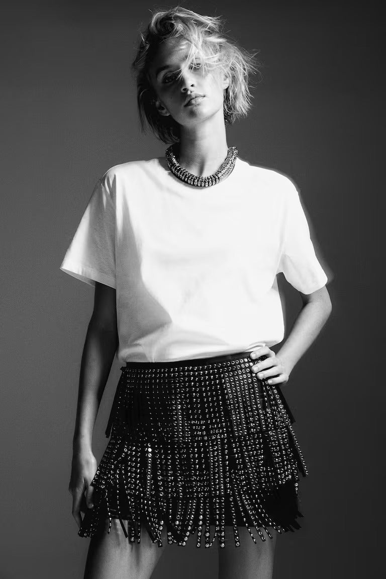 H&M RHINESTONE-DECORATED FRINGED SKIRT