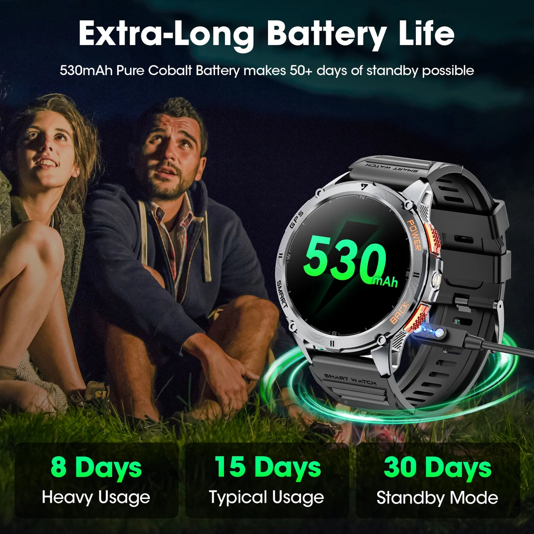 Mingdaln GPS Military Smart Watch for Men, with Compass/5ATM Waterproof/530mAh Large Battery/Answer & Make Calls, 1.43-Inch AMOLED Screen, fits for Android & Iphone Devices (Black)