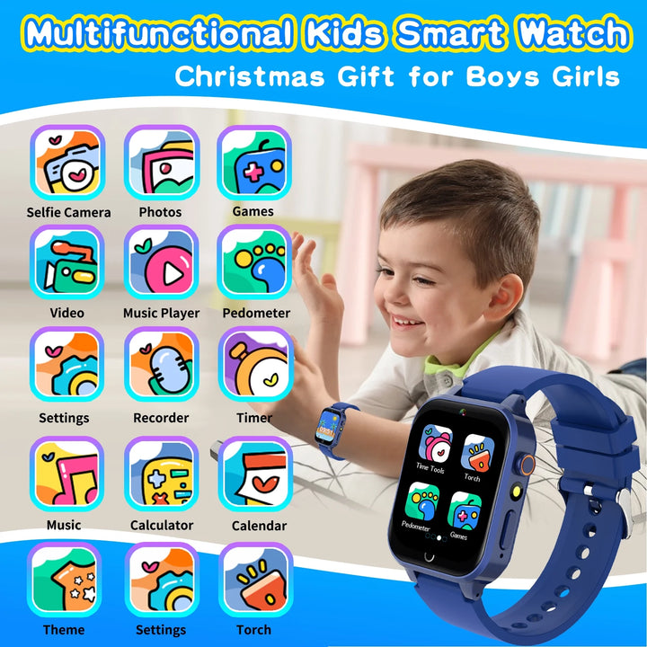Vakzovy Kids Smart Watch for Boys 4-12 Years Old Birthday Gift, Vakzovy Waterproof Educationals Smart Watch, Dual Camera, 24 Puzzle Games,Music Player, Toddler Watch Learning Toys(Blue)